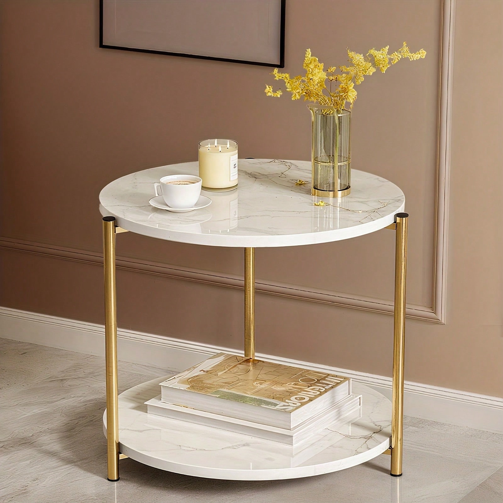 Outdoor Furniture Near Me - Double-Tier Round Side Table, Minimalist Sofa